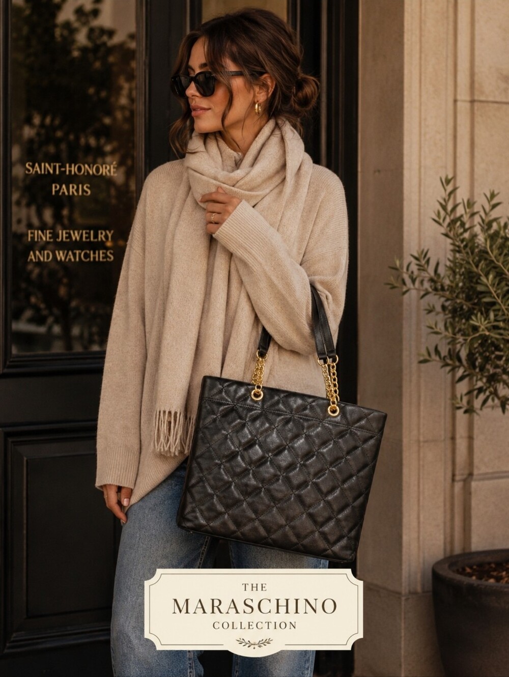 Talbots Quilted Leather Tote Bag | Black Gold Chain